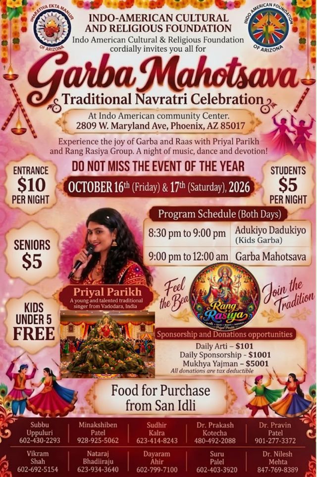 IACRF Garba Mahotsava 2026 in Phoenix - Traditional Navratri Garba & Raas with priyal Parikh | Oct 16-17