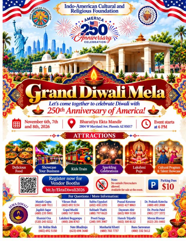 Ekta Mandir Grand Diwali Mela 2026 – Phoenix, Arizona | Nov 5,6 and 7th